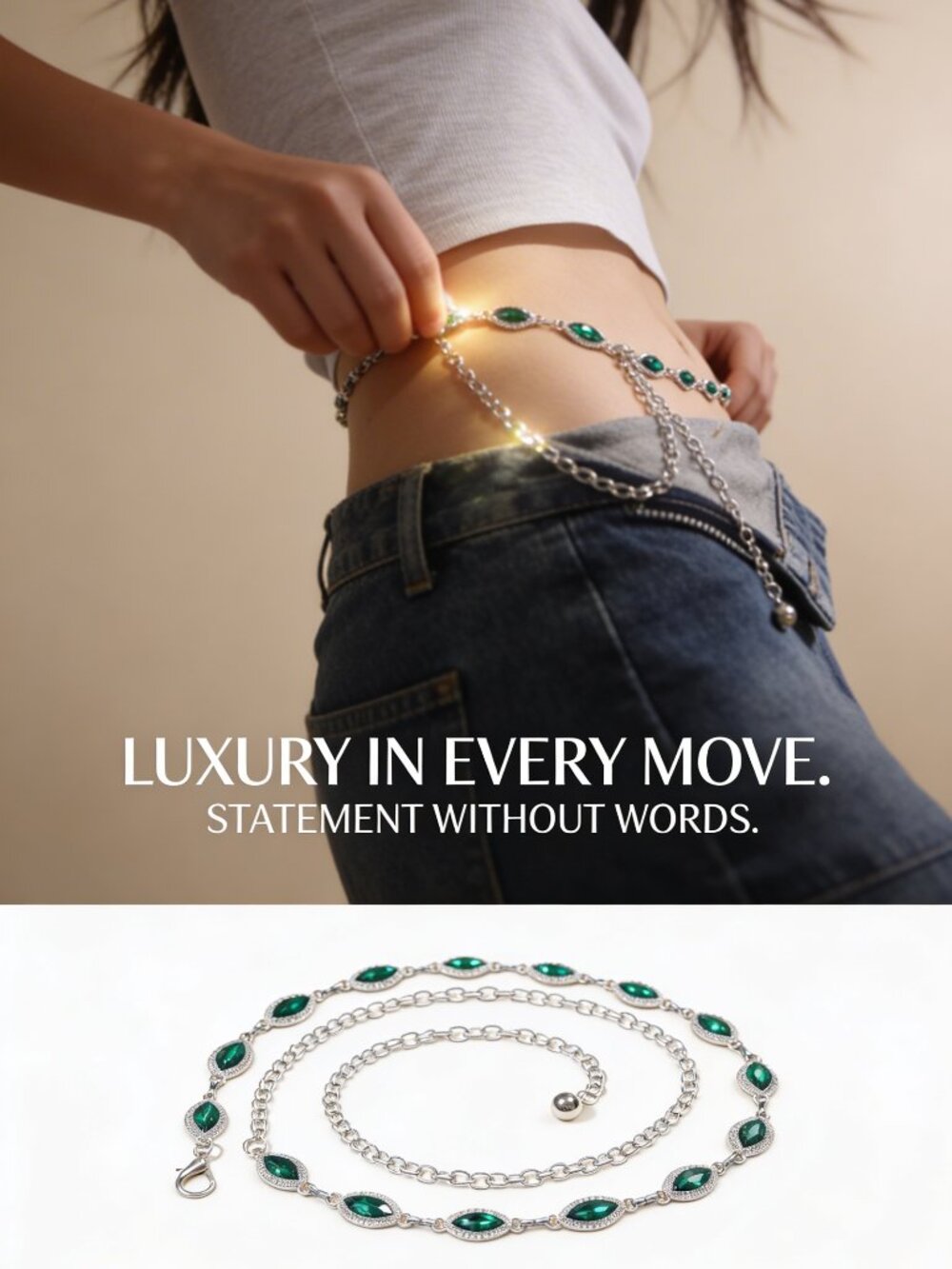 Green Gem Waist Chain – Silver Belly Chain – Y2K Style Jewelry